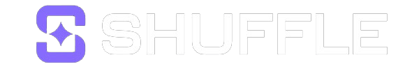 Shuffle.com official logo: Stylized purple 'S' with a central diamond-shaped star sparkle, followed by bold white SHUFFLE text on a black background